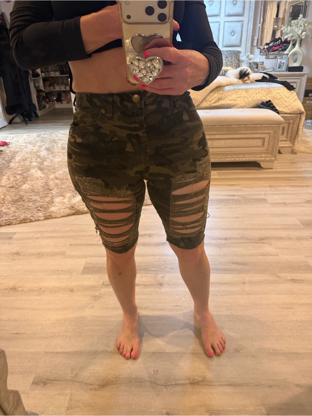 Fashion Nova Olive Camo Distressed Bermuda Shorts